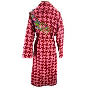 Blumarine houndstooth floral embroidered long belted coat pink red sz 40